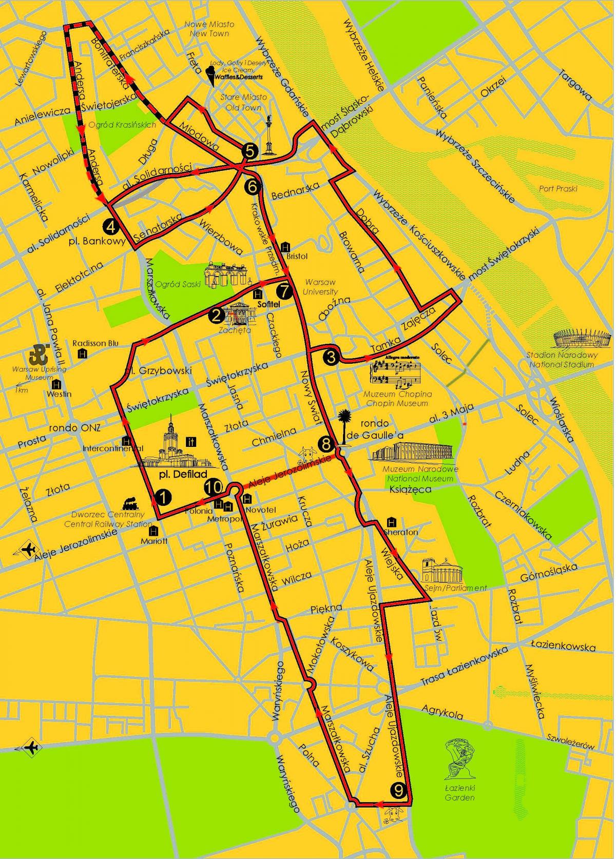 Karte von Warschau hop-on-hop-off-bus 