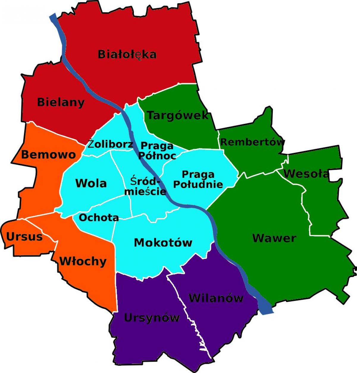 Karte von Warschau Bezirke 