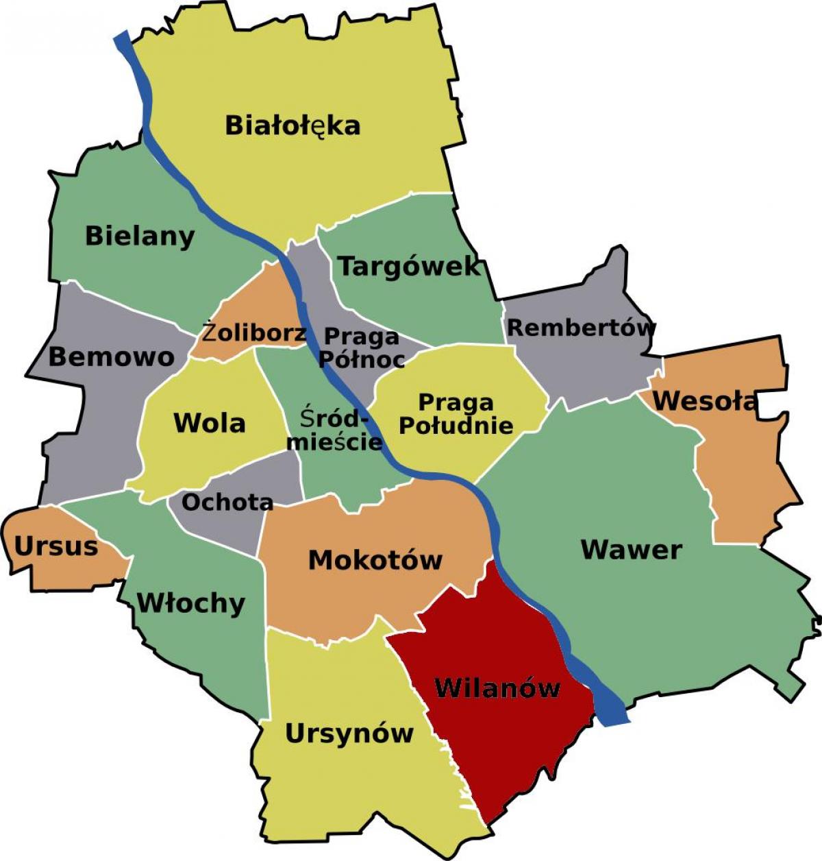 Karte von Warschau Nachbarschaften 